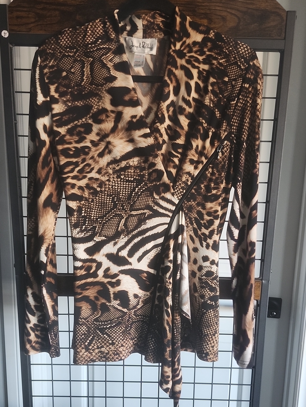 Joseph Ribkoff Brown & Cream Animal Print Wrap-Style Women's Top